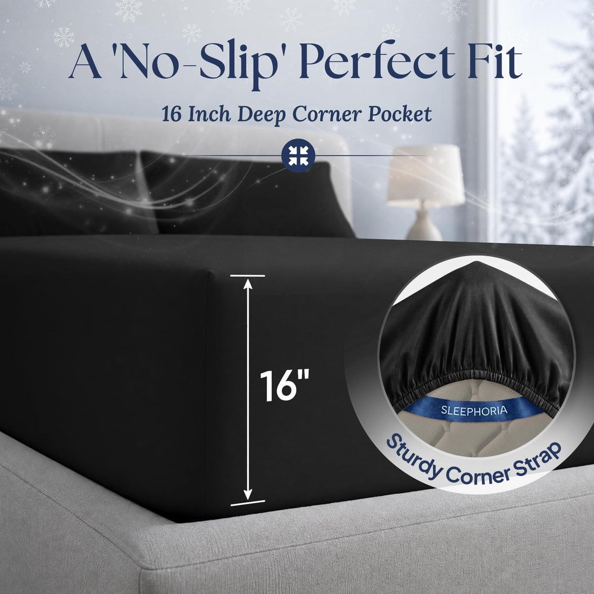 Black fitted sheet corner marked 16 inches deep, with an inset showing the elastic edge and corner strap.