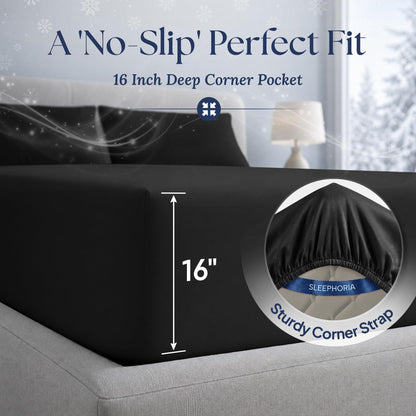 Black fitted sheet corner marked 16 inches deep, with an inset showing the elastic edge and corner strap.