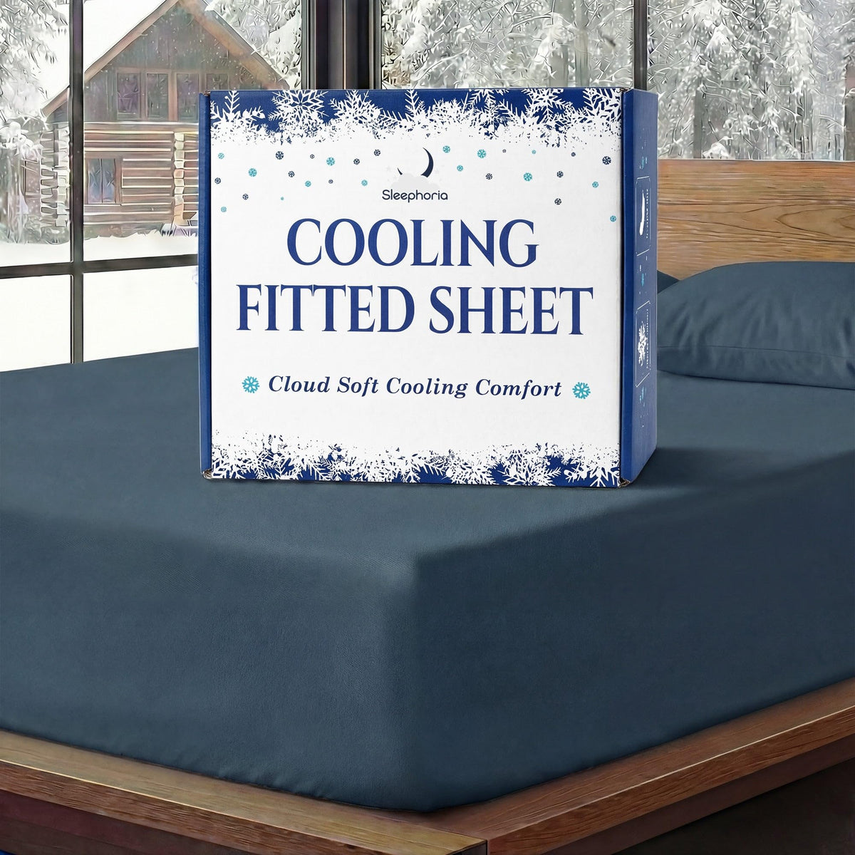 Sleephoria Cooling Fitted Sheet box standing on a navy blue fitted sheet, with matching pillows and snowy trees outside.