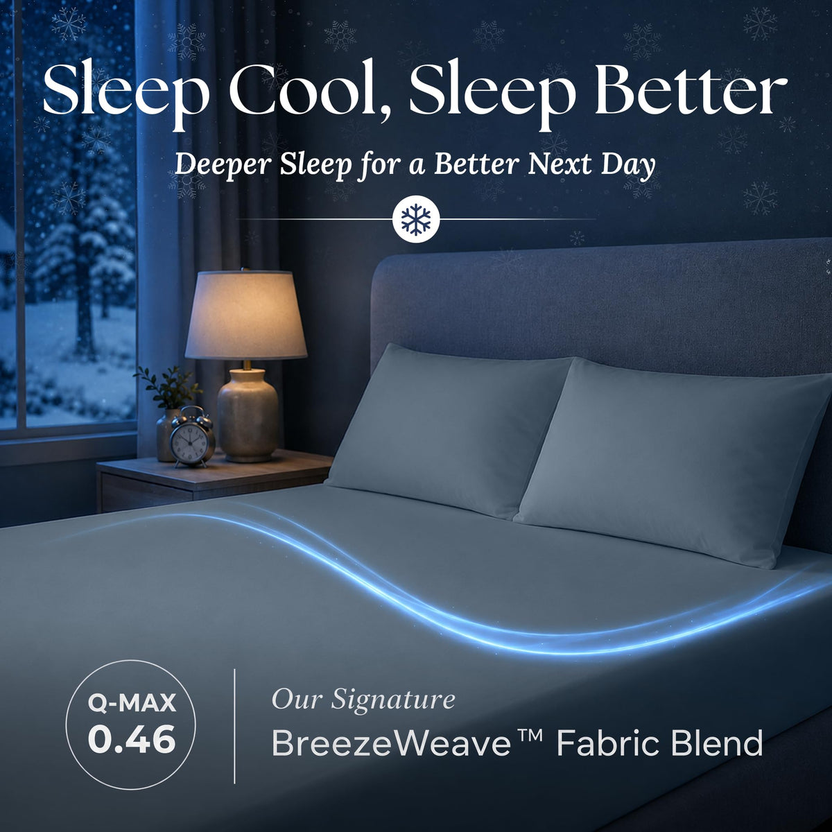 Navy blue fitted sheet and matching pillows in a dark bedroom, with a blue light trail and BreezeWeave and Q-MAX 0.46 labels.