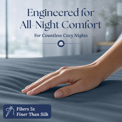 A hand smoothing a navy blue fitted sheet. The graphic reads "Fibers 5x Finer Than Silk".