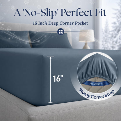 Navy blue fitted sheet corner marked 16 inches deep, with an inset showing the elastic edge and corner strap.