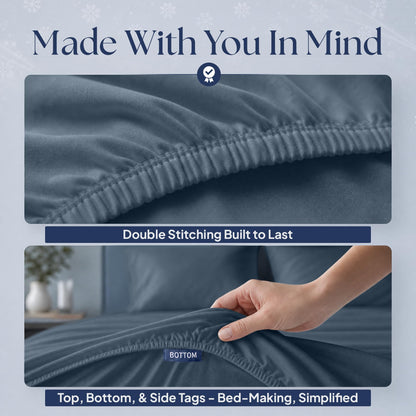 Navy blue fitted sheet details showing double stitching along the elastic edge and a hand holding the "BOTTOM" orientation tag.