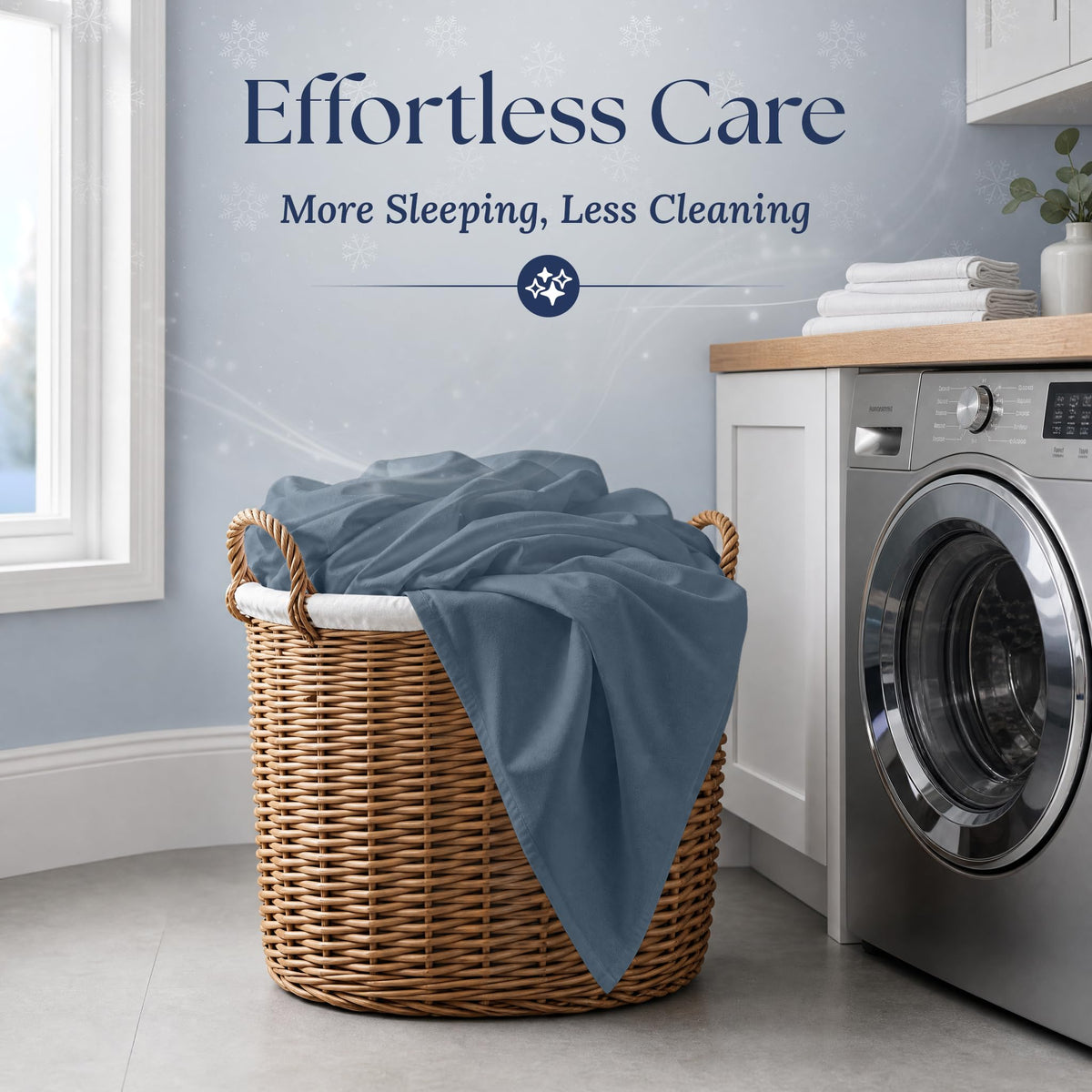 Navy blue fitted sheet draped over a wicker laundry basket beside a washing machine. Graphic reads "Effortless Care".