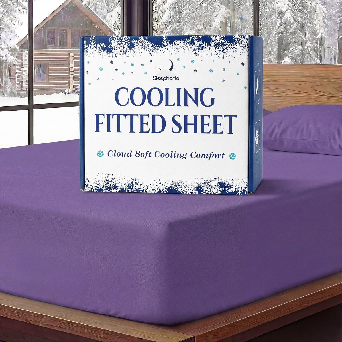 Sleephoria Cooling Fitted Sheet box standing on a purple fitted sheet, with matching pillows and snowy trees outside.