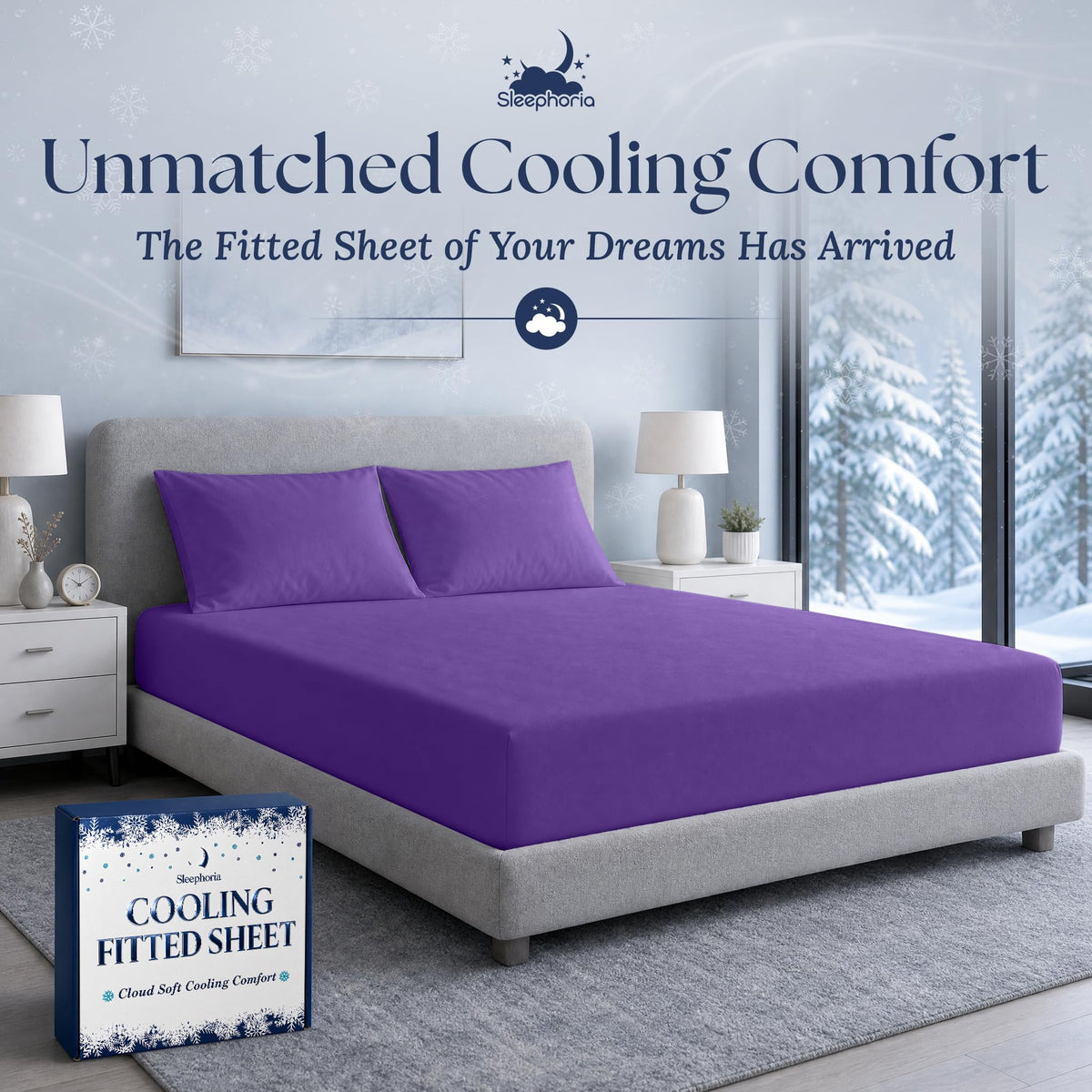Purple fitted sheet pulled over a mattress with two matching pillows on a gray bed, beside Sleephoria packaging.