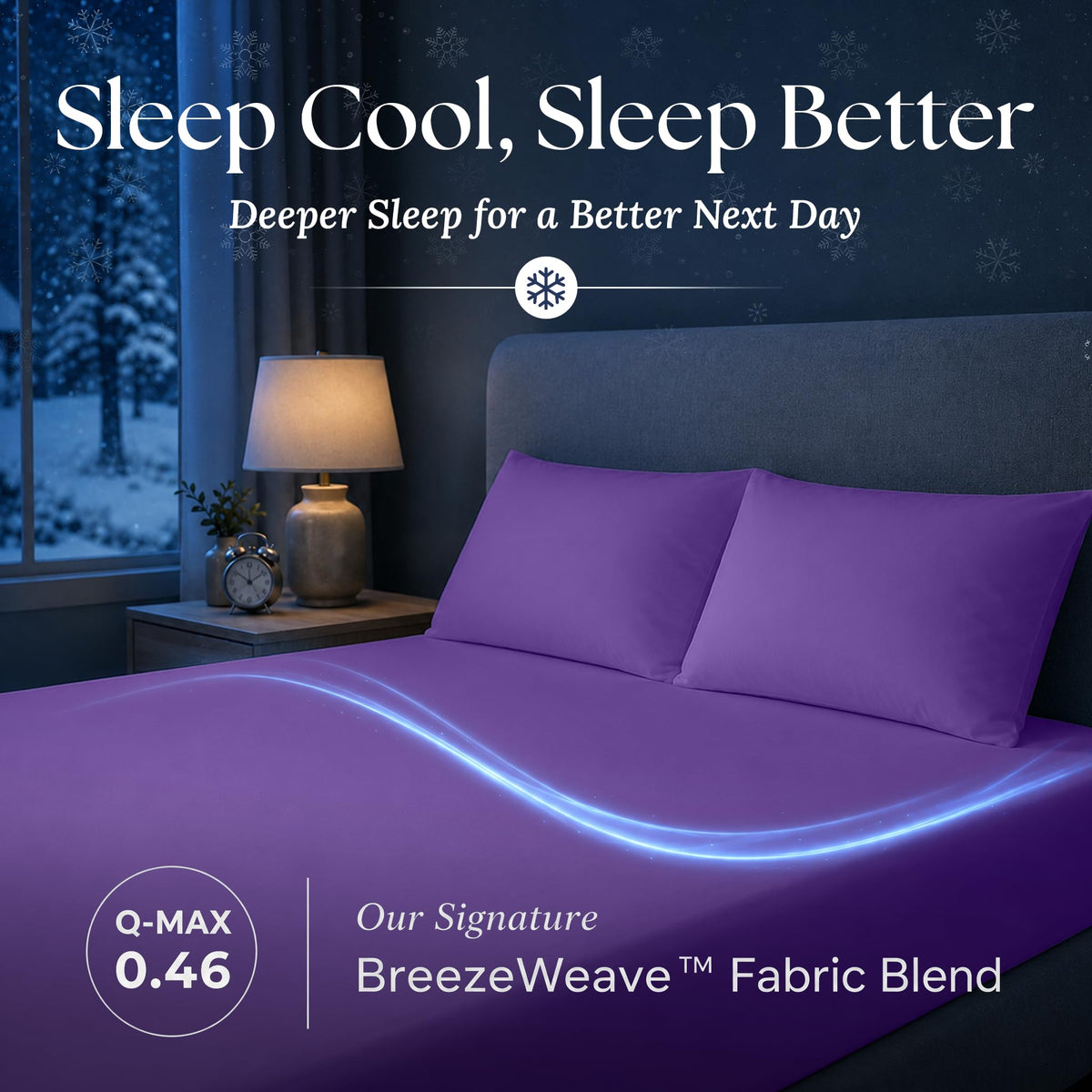 Purple fitted sheet and matching pillows in a dark bedroom, with a blue light trail and BreezeWeave and Q-MAX 0.46 labels.