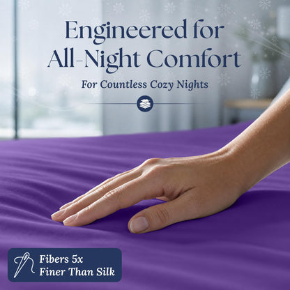 A hand smoothing a purple fitted sheet. The graphic reads "Fibers 5x Finer Than Silk".
