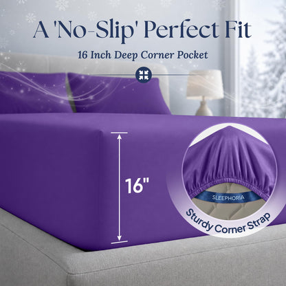 Purple fitted sheet corner marked 16 inches deep, with an inset showing the elastic edge and corner strap.