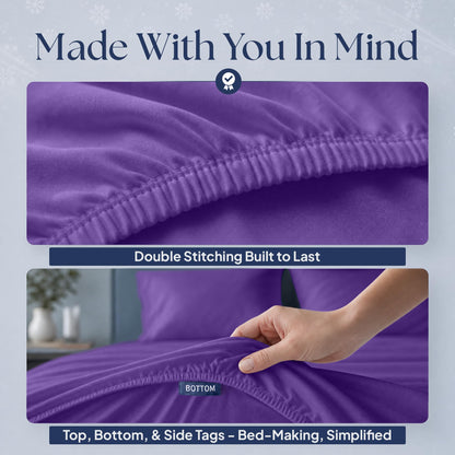 Purple fitted sheet details showing double stitching along the elastic edge and a hand holding the "BOTTOM" orientation tag.