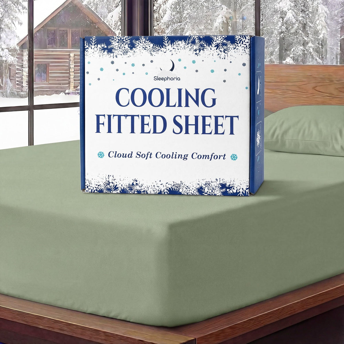 Sleephoria Cooling Fitted Sheet box standing on a sage green fitted sheet, with matching pillows and snowy trees outside.