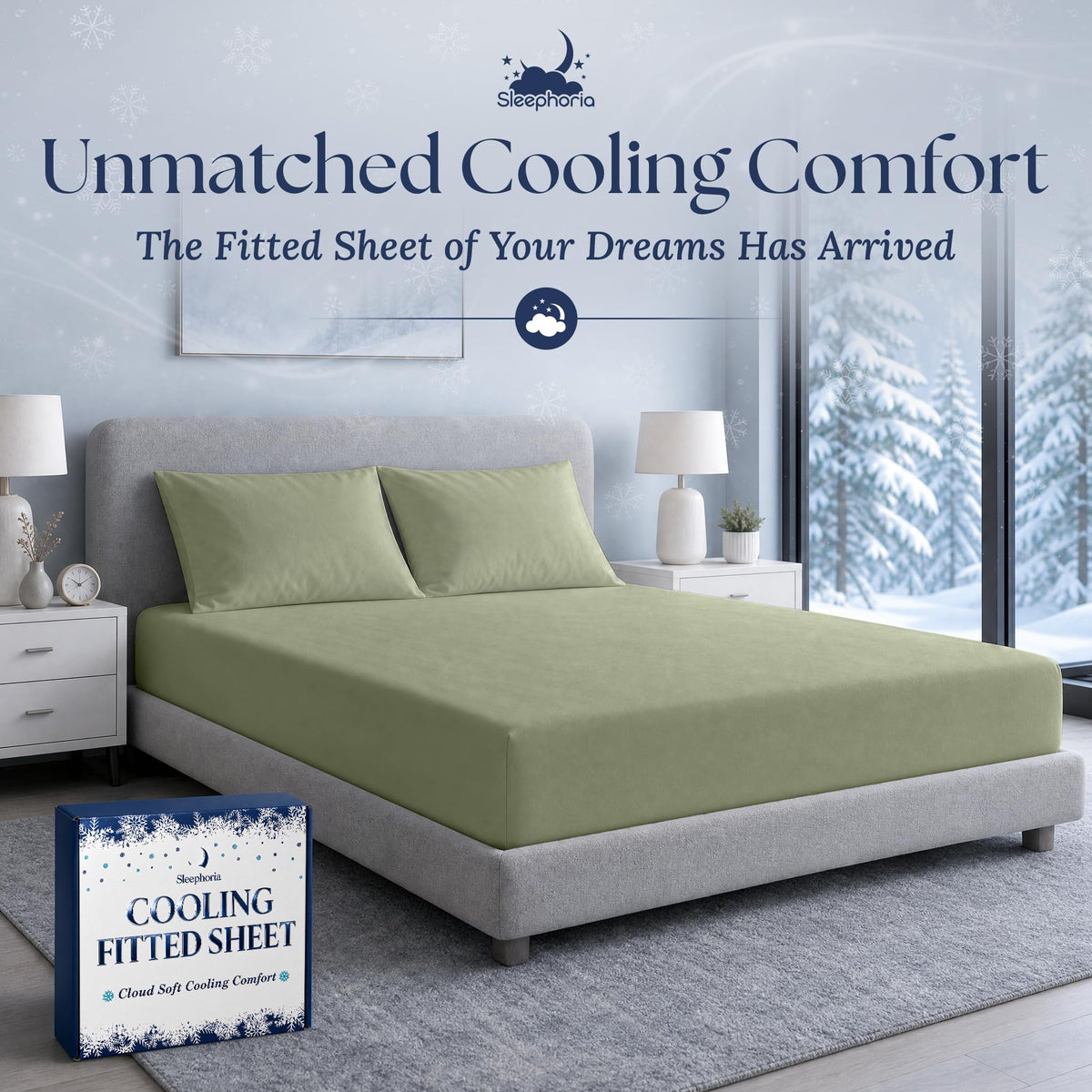 Sage green fitted sheet pulled over a mattress with two matching pillows on a gray bed, beside Sleephoria packaging.