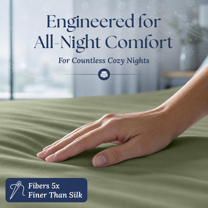 A hand smoothing a sage green fitted sheet. The graphic reads "Fibers 5x Finer Than Silk".