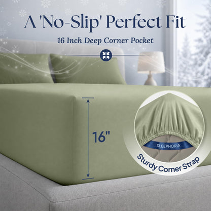 Sage green fitted sheet corner marked 16 inches deep, with an inset showing the elastic edge and corner strap.