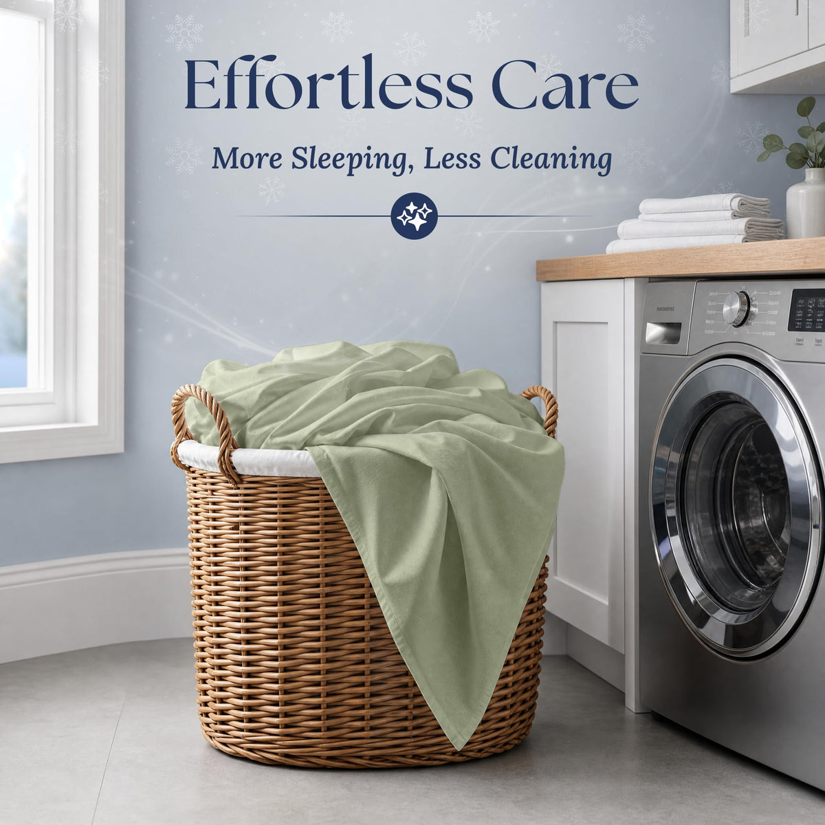 Sage green fitted sheet draped over a wicker laundry basket beside a washing machine. Graphic reads "Effortless Care".