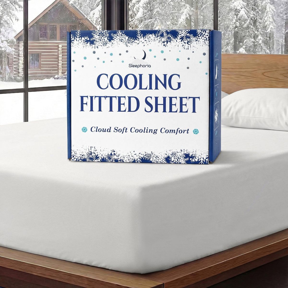 Sleephoria Cooling Fitted Sheet box standing on a white fitted sheet, with matching pillows and snowy trees outside.