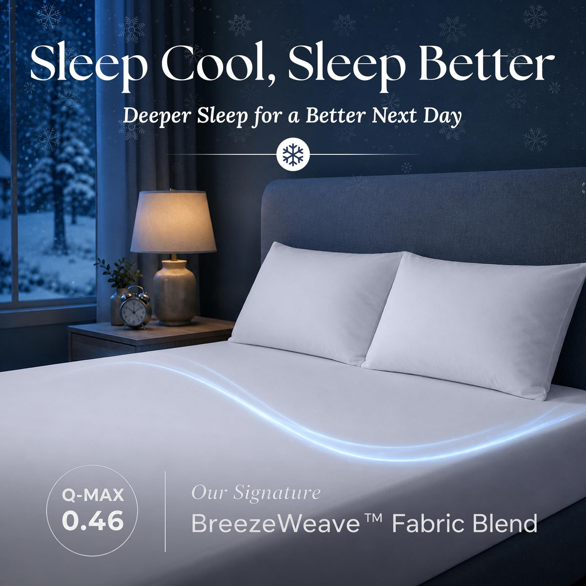 White fitted sheet and matching pillows in a dark bedroom, with a blue light trail and BreezeWeave and Q-MAX 0.46 labels.