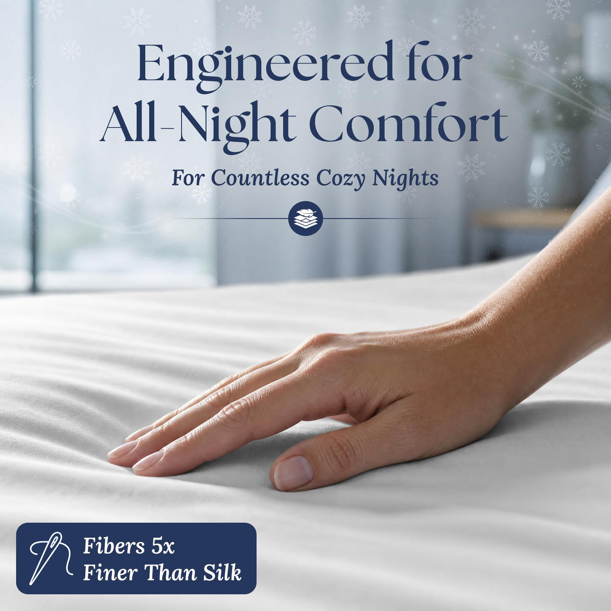 A hand smoothing a white fitted sheet. The graphic reads "Fibers 5x Finer Than Silk".