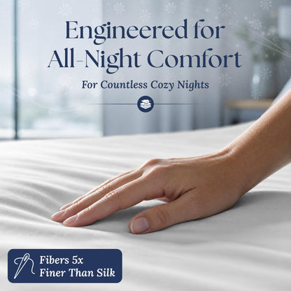 A hand smoothing a white fitted sheet. The graphic reads "Fibers 5x Finer Than Silk".