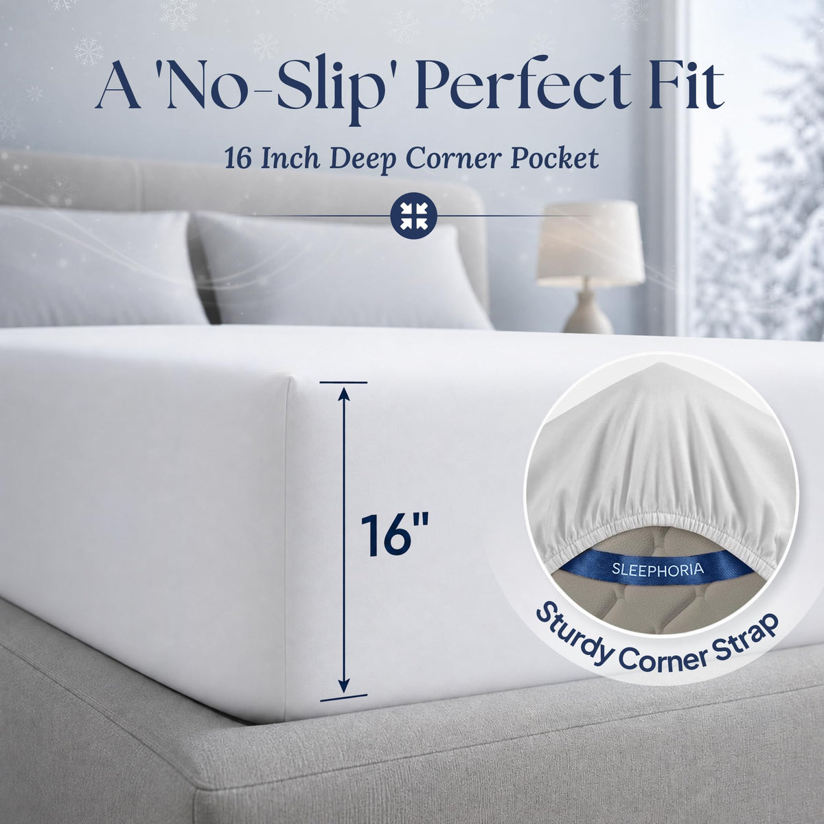 White fitted sheet corner marked 16 inches deep, with an inset showing the elastic edge and corner strap.