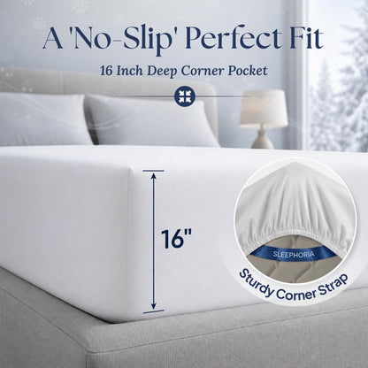 White fitted sheet corner marked 16 inches deep, with an inset showing the elastic edge and corner strap.