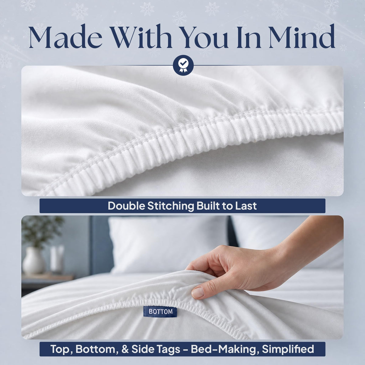 White fitted sheet details showing double stitching along the elastic edge and a hand holding the "BOTTOM" orientation tag.