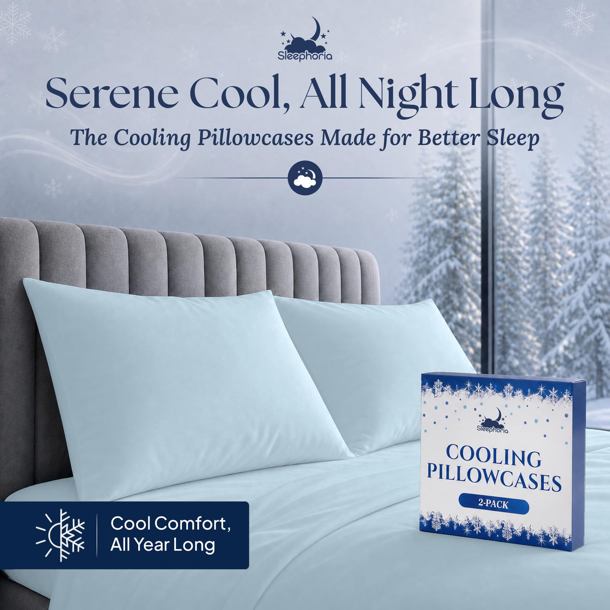 Two light blue pillowcases on pillows against a gray upholstered headboard, beside a Sleephoria Cooling Pillowcases box marked "2-pack".