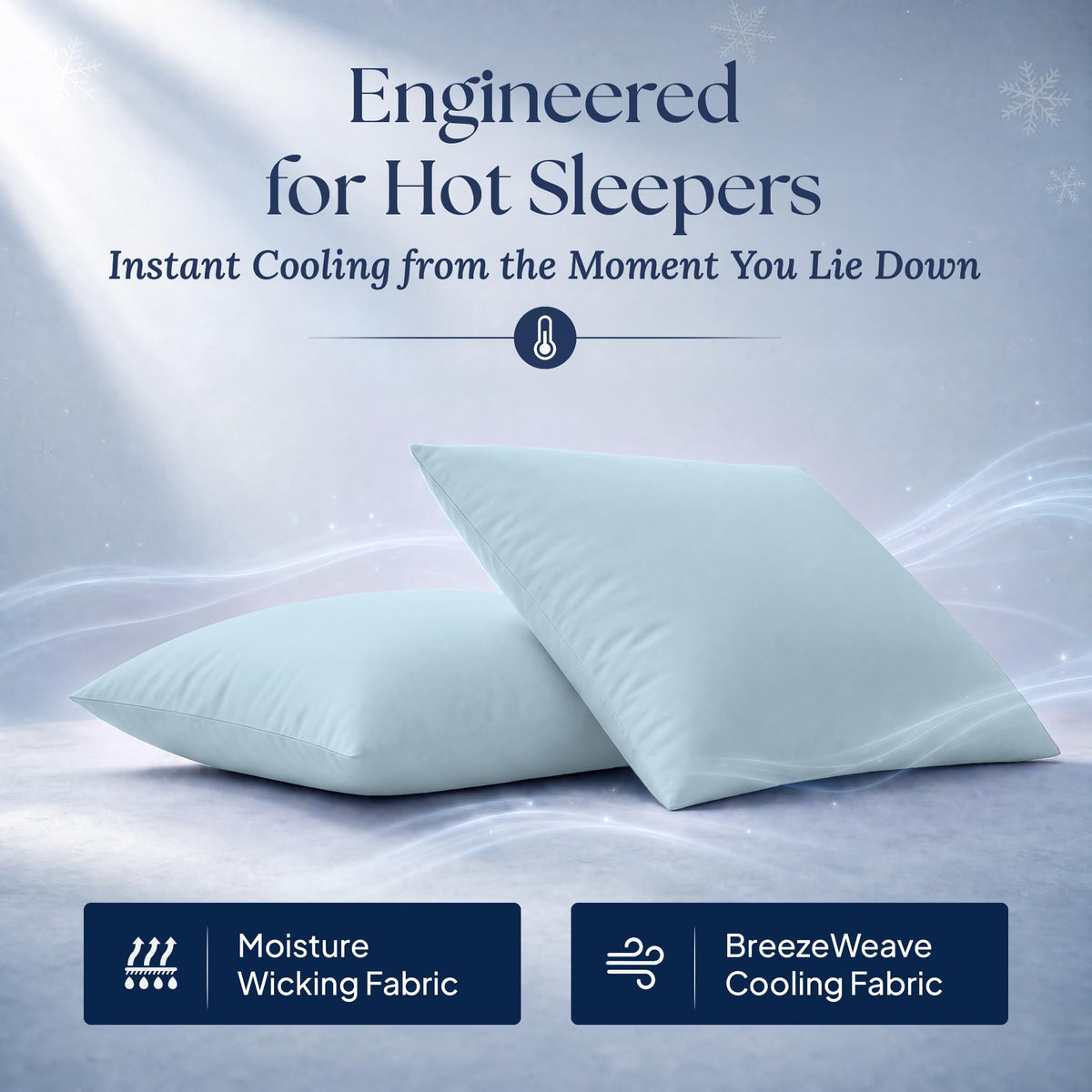 Two light blue pillows with illustrated airflow. Graphic labels: moisture wicking fabric and BreezeWeave cooling fabric.