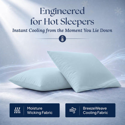 Two light blue pillows with illustrated airflow. Graphic labels: moisture wicking fabric and BreezeWeave cooling fabric.
