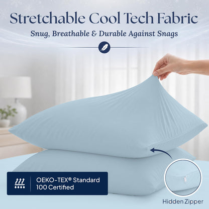 A hand stretching a light blue pillowcase over a pillow, with a hidden zipper inset and an OEKO-TEX Standard 100 label.