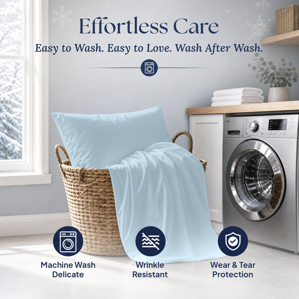 Light blue pillowcase and covered pillow in a laundry basket beside a washer, with machine wash delicate and wrinkle resistant labels.
