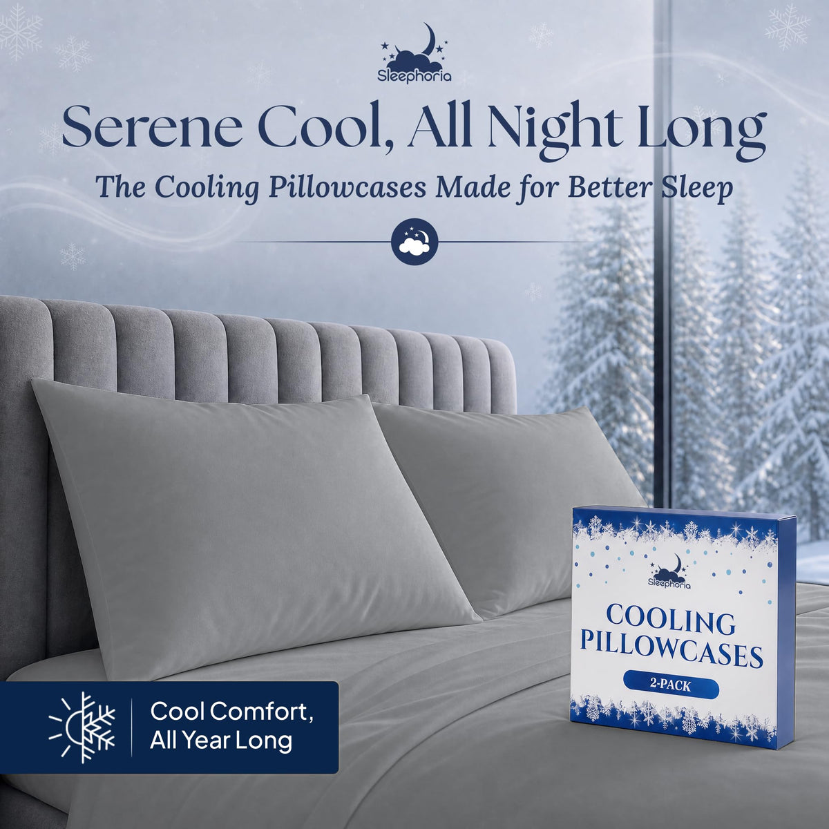 Two dark gray pillowcases on pillows against a gray upholstered headboard, beside a Sleephoria Cooling Pillowcases box marked "2-pack".
