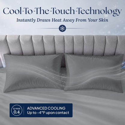 Dark gray pillowcases on two pillows with a flowing light effect. Graphic labels: Q-MAX 0.4 and "Up to -4°F upon contact".