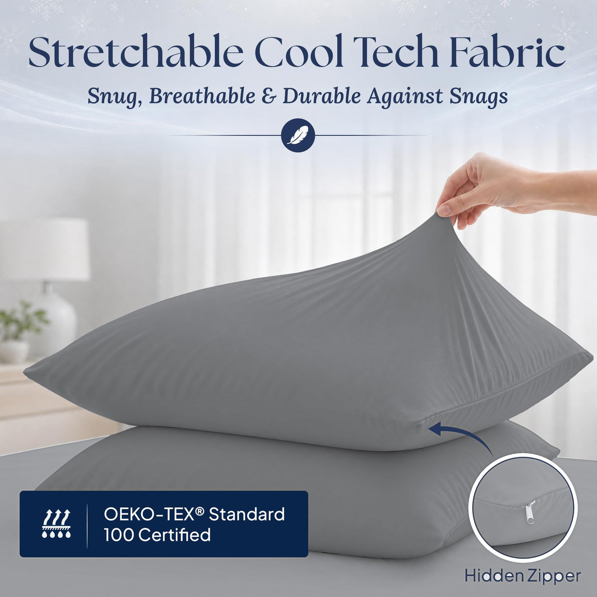 A hand stretching a dark gray pillowcase over a pillow, with a hidden zipper inset and an OEKO-TEX Standard 100 label.