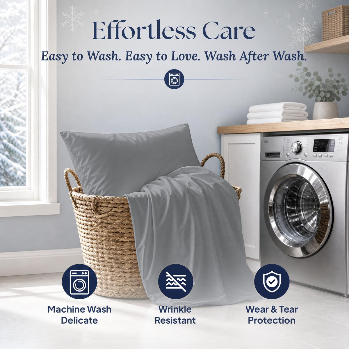 Dark gray pillowcase and covered pillow in a laundry basket beside a washer, with machine wash delicate and wrinkle resistant labels.