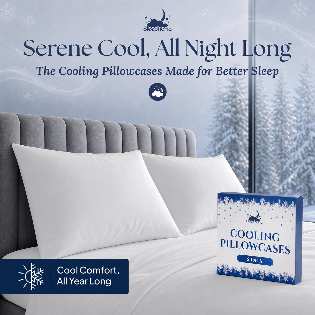 Two light gray pillowcases on pillows against a gray upholstered headboard, beside a Sleephoria Cooling Pillowcases box marked "2-pack".