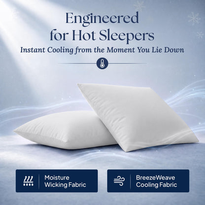 Two light gray pillows with illustrated airflow. Graphic labels: moisture wicking fabric and BreezeWeave cooling fabric.
