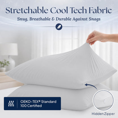 A hand stretching a light gray pillowcase over a pillow, with a hidden zipper inset and an OEKO-TEX Standard 100 label.