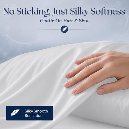 A hand gliding over a light gray pillowcase. Graphic reads "No Sticking, Just Silky Softness" and "Gentle On Hair & Skin".
