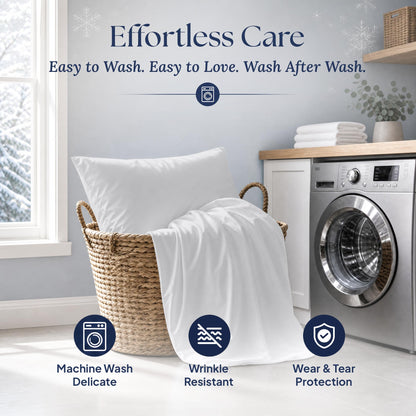 Light gray pillowcase and covered pillow in a laundry basket beside a washer, with machine wash delicate and wrinkle resistant labels.