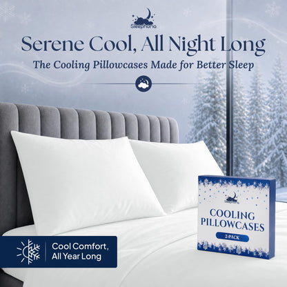 Two white pillowcases on pillows against a gray upholstered headboard, beside a Sleephoria Cooling Pillowcases box marked "2-pack".
