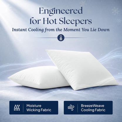 Two white pillows with illustrated airflow. Graphic labels: moisture wicking fabric and BreezeWeave cooling fabric.