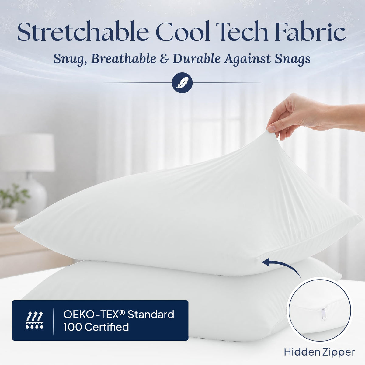 A hand stretching a white pillowcase over a pillow, with a hidden zipper inset and an OEKO-TEX Standard 100 label.