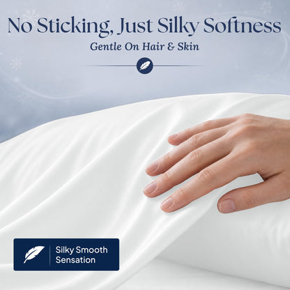 A hand gliding over a white pillowcase. Graphic reads "No Sticking, Just Silky Softness" and "Gentle On Hair & Skin".