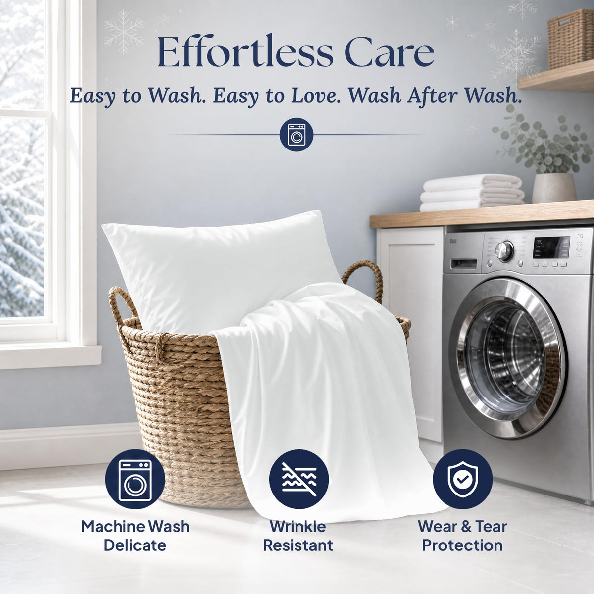 White pillowcase and covered pillow in a laundry basket beside a washer, with machine wash delicate and wrinkle resistant labels.