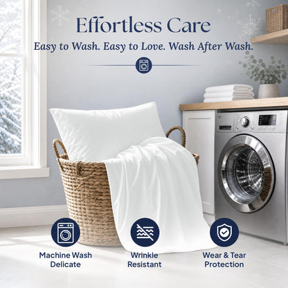 White pillowcase and covered pillow in a laundry basket beside a washer, with machine wash delicate and wrinkle resistant labels.