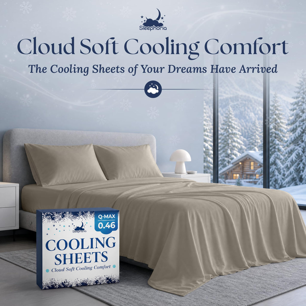 Beige sheets and two matching pillows on a gray bed beside Sleephoria Cooling Sheets packaging, with snowy trees outside.