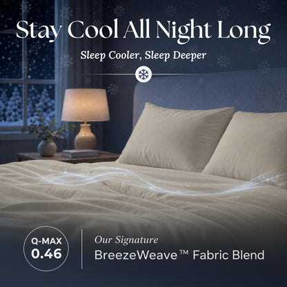 Beige sheets and matching pillows on a bed at night with flowing light effects and BreezeWeave and Q-MAX 0.46 labels.