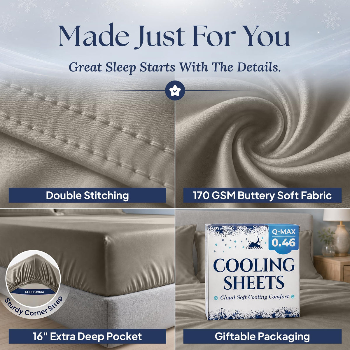 Beige sheet detail collage: double stitching, 170 GSM fabric label, 16 inch pocket with corner strap, and Cooling Sheets packaging.