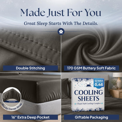 Dark gray sheet detail collage: double stitching, 170 GSM fabric label, 16 inch pocket with corner strap, and Cooling Sheets packaging.
